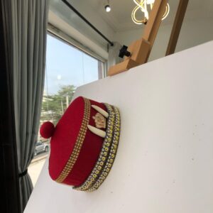 African Igbo Red Royal Traditional Hat With Gold and Horn Adornment