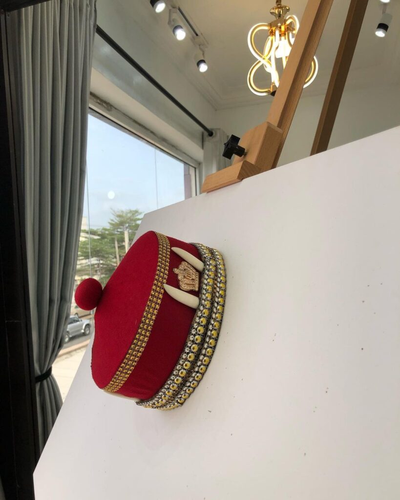 African Igbo Red Royal Traditional Hat With Gold and Horn Adornment