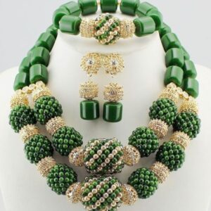 Green & Gold Bead Necklace, Bracelet & Earrings