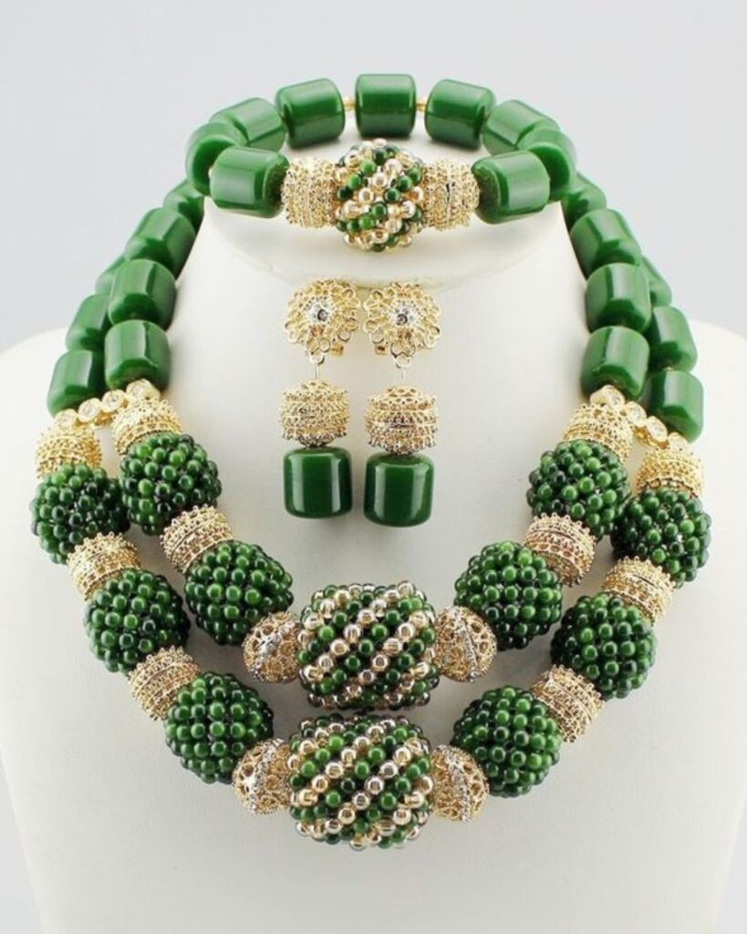 Green & Gold Bead Necklace, Bracelet & Earrings