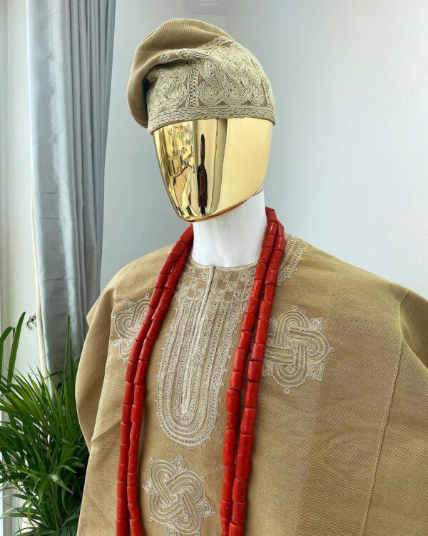 Aso-Oke Dashiki, with a floral and ancient style shaped embroidery design, hand woven Yoruba hat, an extra length red and gold coral bead. - Image 2