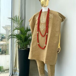 Aso-Oke Dashiki, with a floral and ancient style shaped embroidery design, hand woven Yoruba hat, an extra length red and gold coral bead.